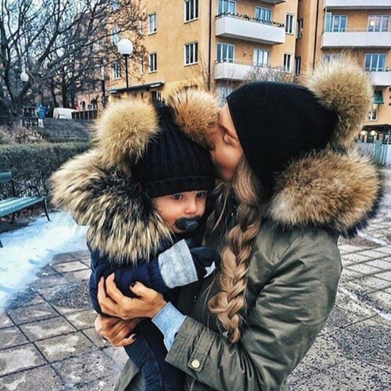 Parent-child Caps Cute Infant Baby Pompon Winter Hat Double Fur Ball Hat Mother Kids Warm Knitted Hat Newborn Beanie Cap eprolo