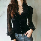 Women's Gothic Velvet Top, V Neck Lace Patchwork Long Sleeve Shirt VELORIA - Thread of Generations