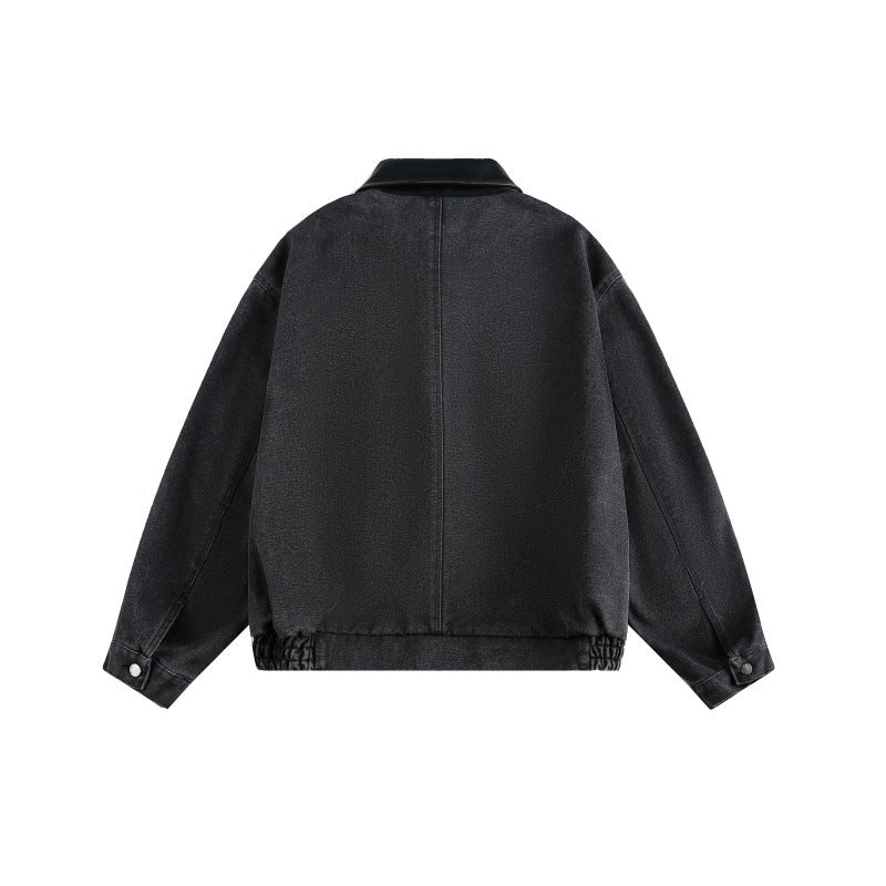 Multi-Pocket Spliced Leather Collar Loose All-Match Work Jacket Men eprolo