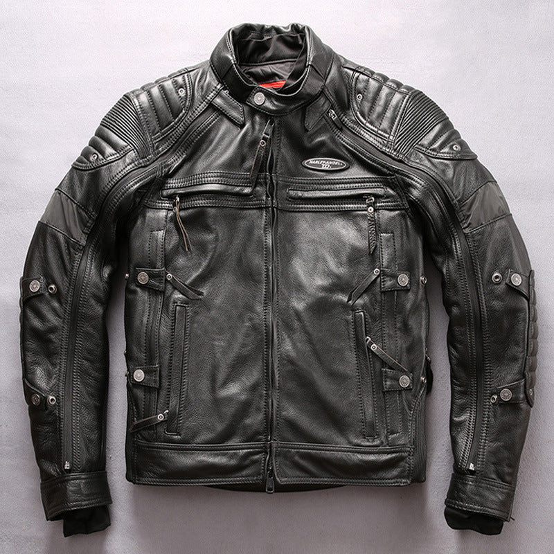 Men's Genuine Leather Stand Collar Slim Motorcycle Suit VELORIA - Thread of Generations