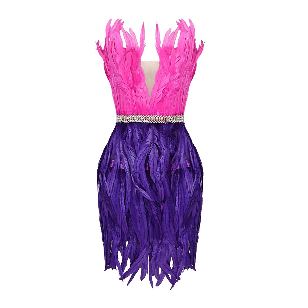 PB Stylish High Waist Feather Crystal Design Mini Dress Sexy Strapless Sleeveless Celebrity Party Club eprolo