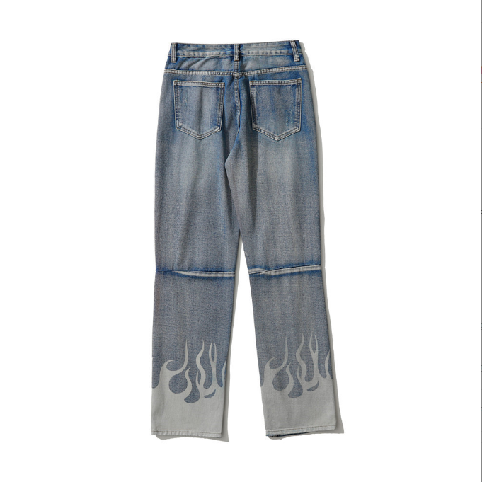 Trendy brand spray painted torn jeans for men hiphop fashion hip-hop fashion pants with flame straight leg cropped pants eprolo