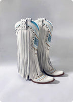 Retro Embroidered Rhinestone Slip-on Tassel Boots For Women LittleYogaSocks