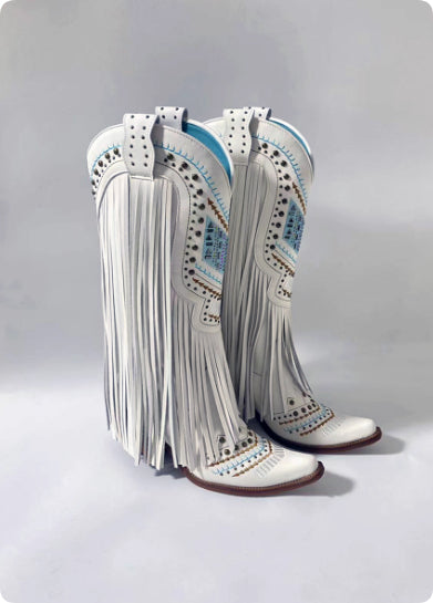 Retro Embroidered Rhinestone Slip-on Tassel Boots For Women LittleYogaSocks