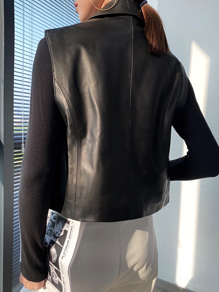 French Fashion Genuine Leather Vest For Women Female Loose Sleeveless Jacket Soft Chic Gilet Short Suit eprolo