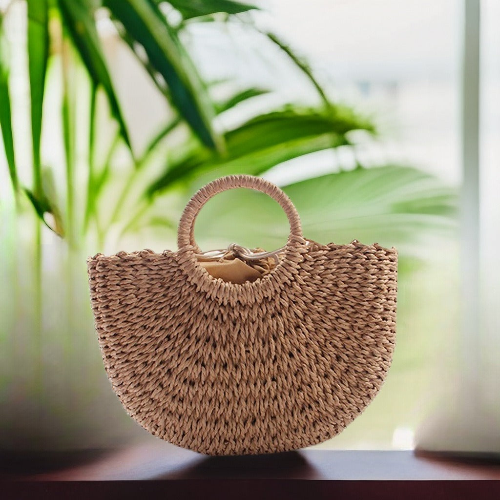 Medium straw woven semi-circular handbag, moon bag, leisure vacation double circular handle woven tote bag eprolo