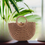 Medium straw woven semi-circular handbag, moon bag, leisure vacation double circular handle woven tote bag eprolo