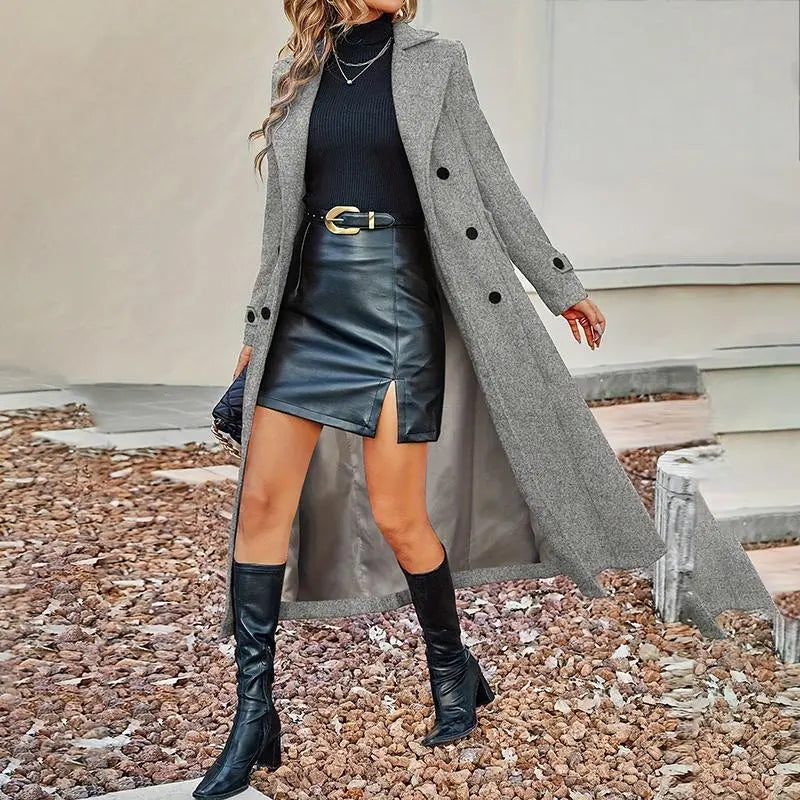 Women's Fall Winter Double Breasted Wool Coat Long Sleeve Notch Lapel Midi Long Trench Coat VELORIA - Thread of Generations