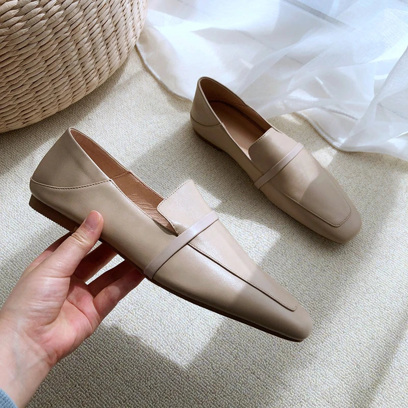 Full leather square toe deep mouth single shoe cowhide British retro simple flat shoes loafers soft heels two pairs of shoes eprolo