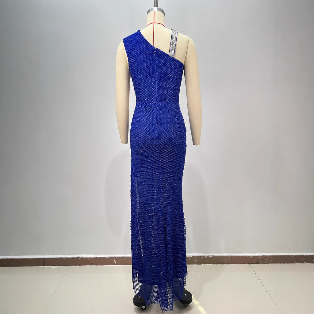 Fashion Backless One-Shoulder Rhinestone Decorated Fitted Sleeveless Pleated Slit Long Bodycon Dress for Women eprolo
