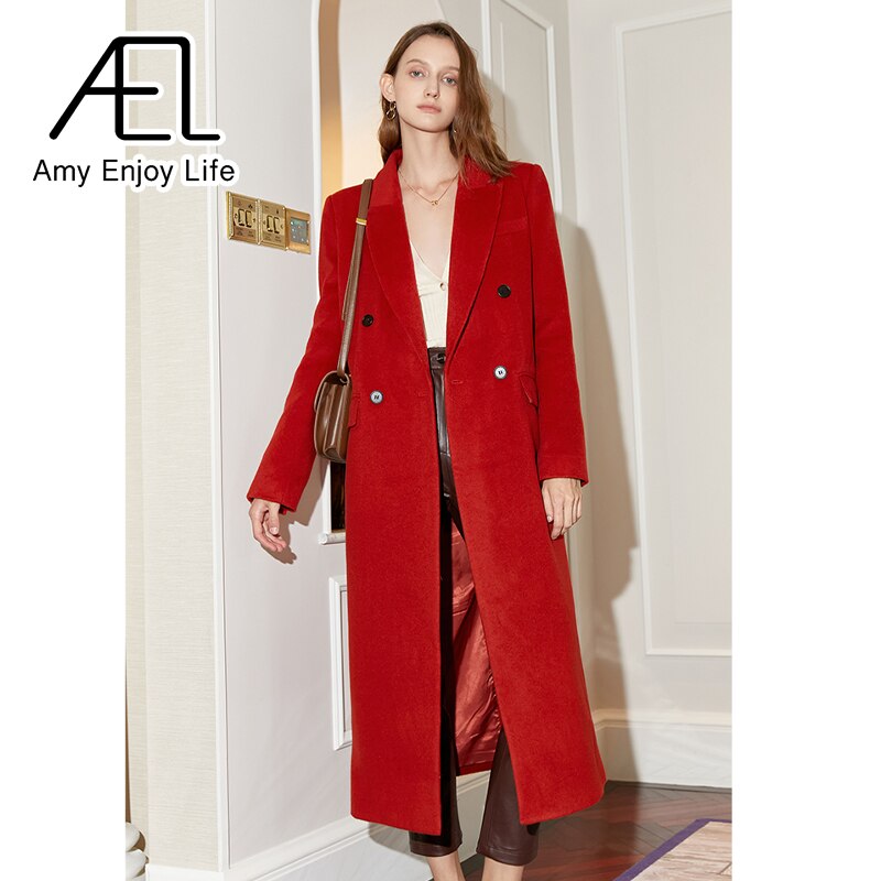Red Double Breasted Vintage Loose Long Suit Woolen Coat eprolo