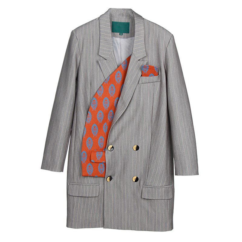 Women Gray Striped Long Big Size Blazer New Lapel Long Sleeve Loose Fit Jacket Fashion Trend Spring Autumn eprolo