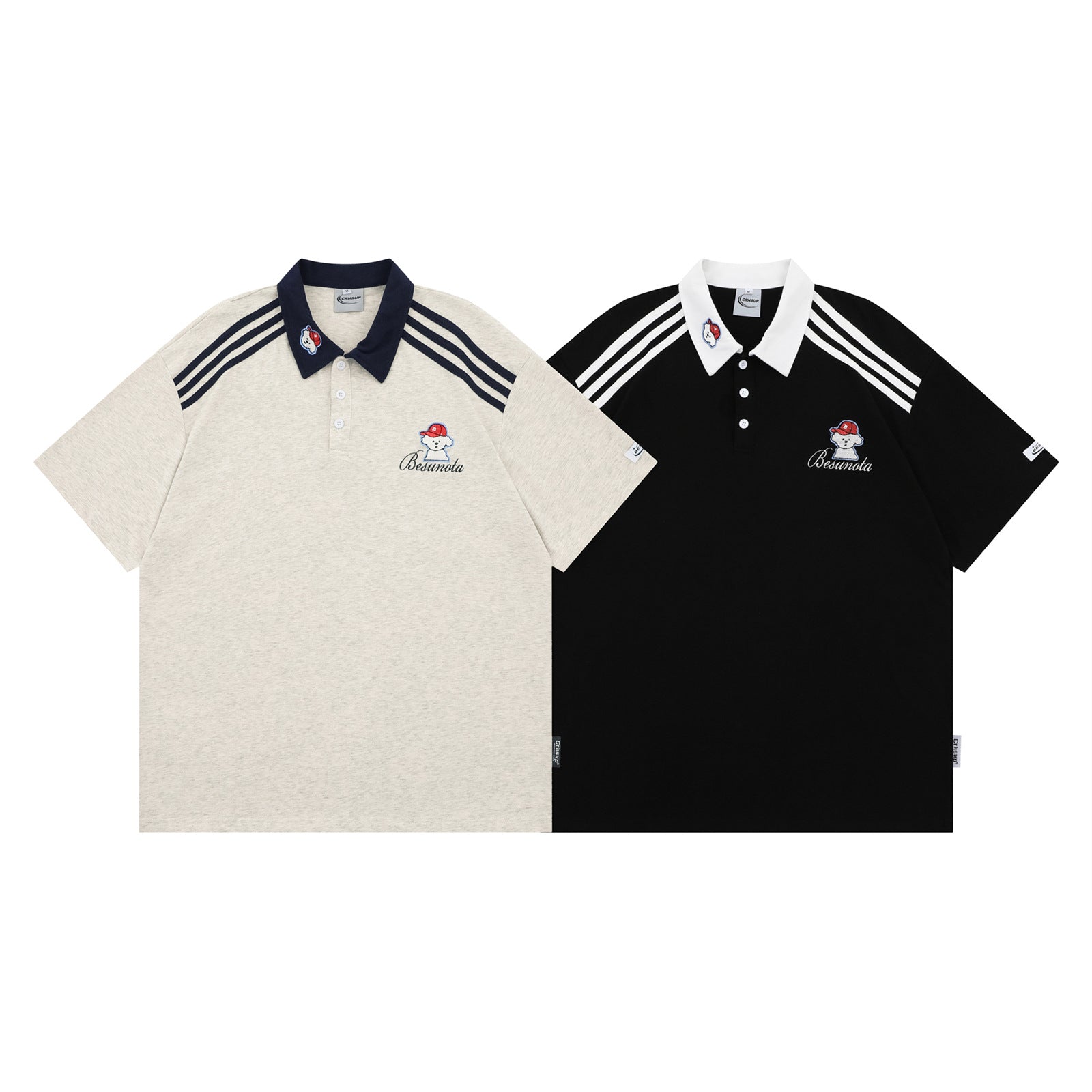 Cute Dog Embroidery with Detachable Work Badge Collar Short Sleeve T-Shirt for Men and Women  Versatile Couple Top eprolo