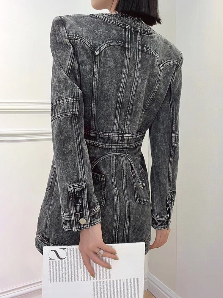 Denim Slim Dress For Women V Neck Long Sleeve High Waist Solid Mini Dresses Female Autumn Clothing Style New eprolo