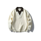 Color Block Long Sleeve V-neck Flip Collar Loose Fit Knit Sweater for Men eprolo