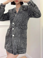 Denim Slim Dress For Women V Neck Long Sleeve High Waist Solid Mini Dresses Female Autumn Clothing Style New eprolo