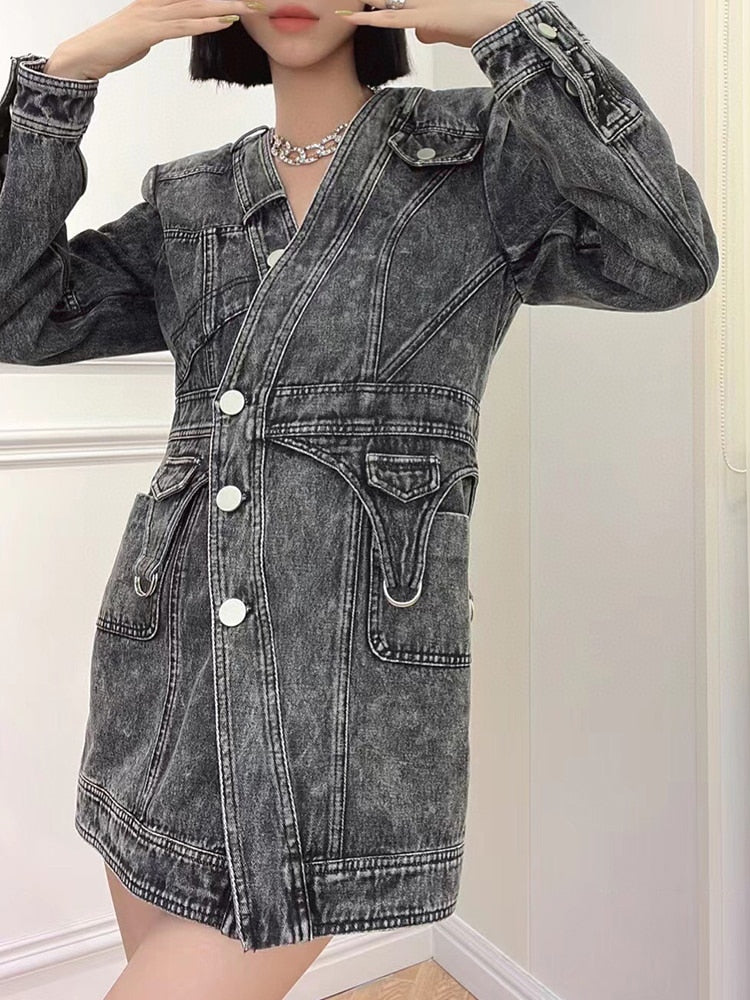 Denim Slim Dress For Women V Neck Long Sleeve High Waist Solid Mini Dresses Female Autumn Clothing Style New eprolo