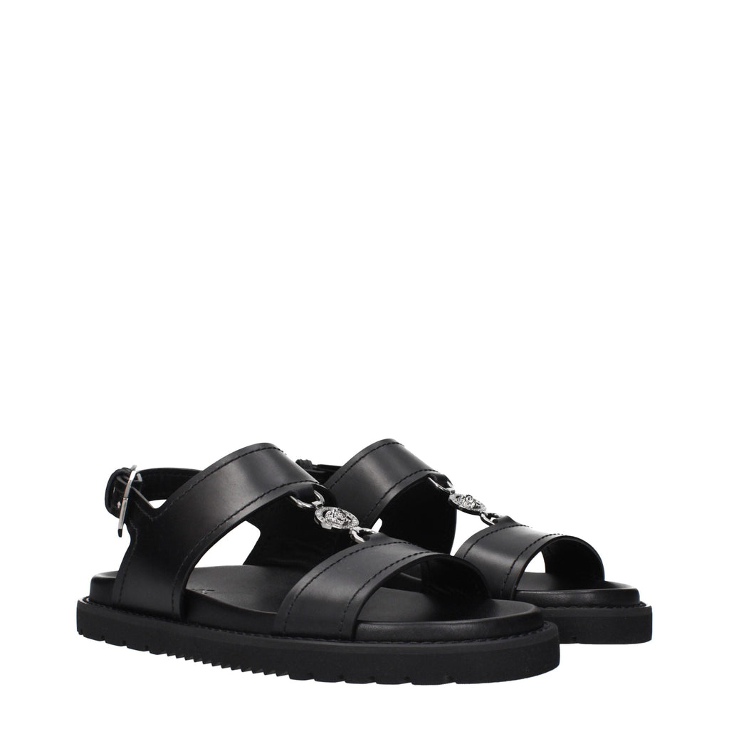 Versace Black Leather Flat Sandals Versace