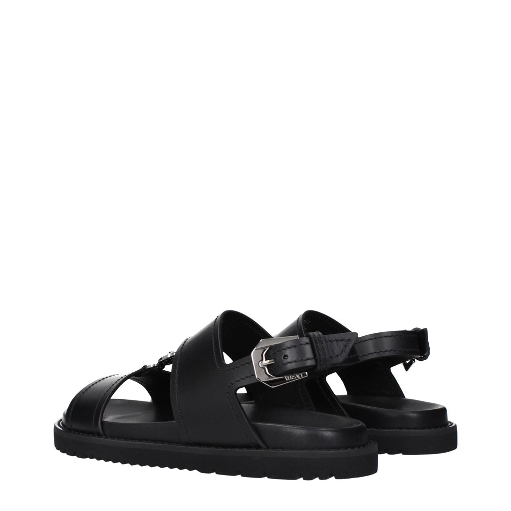 Versace Black Leather Flat Sandals Versace