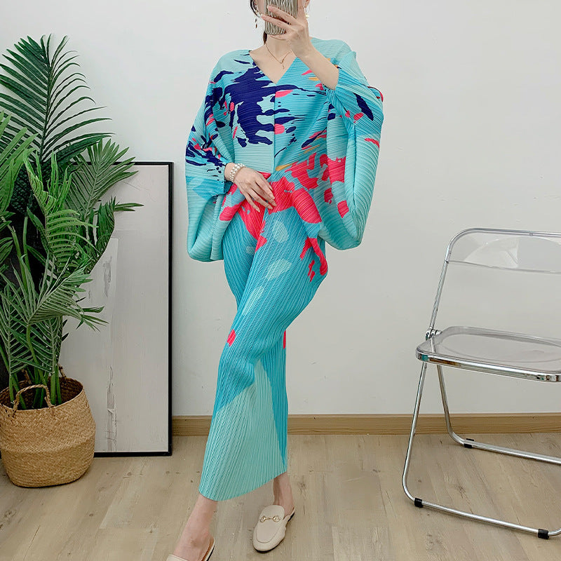 V-neck Bat Sleeve Maxi Pleated Dress Summer New Women's Elegant Retro Style Print Festival Dresses Clothing eprolo