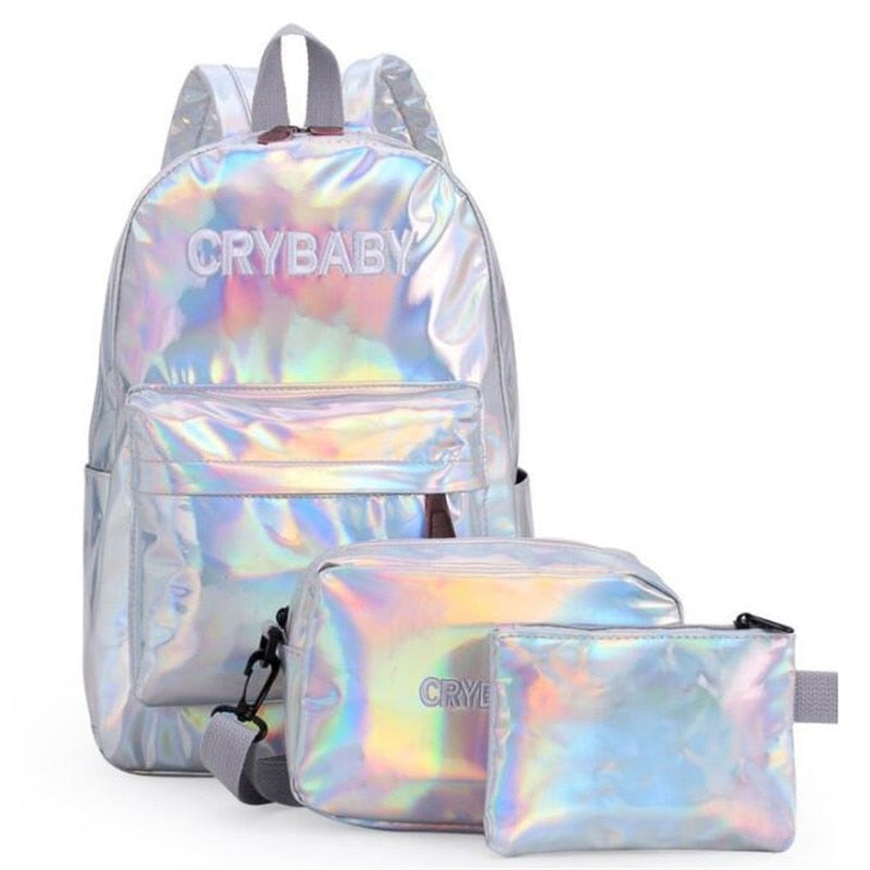 Holographic Laser Backpack Embroidered Crybaby Letters Hologram Backpack set School Bag +shoulder bags +penbags 3pcs/set eprolo