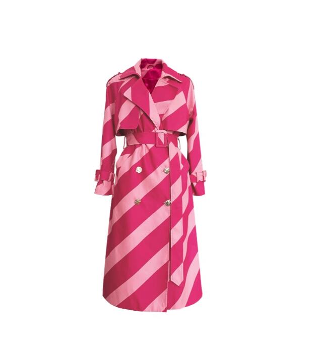 High-end Contrasting Color Striped Trench Coat For Women Lapel Long Sleeve Belt Mid Length Windbreak eprolo