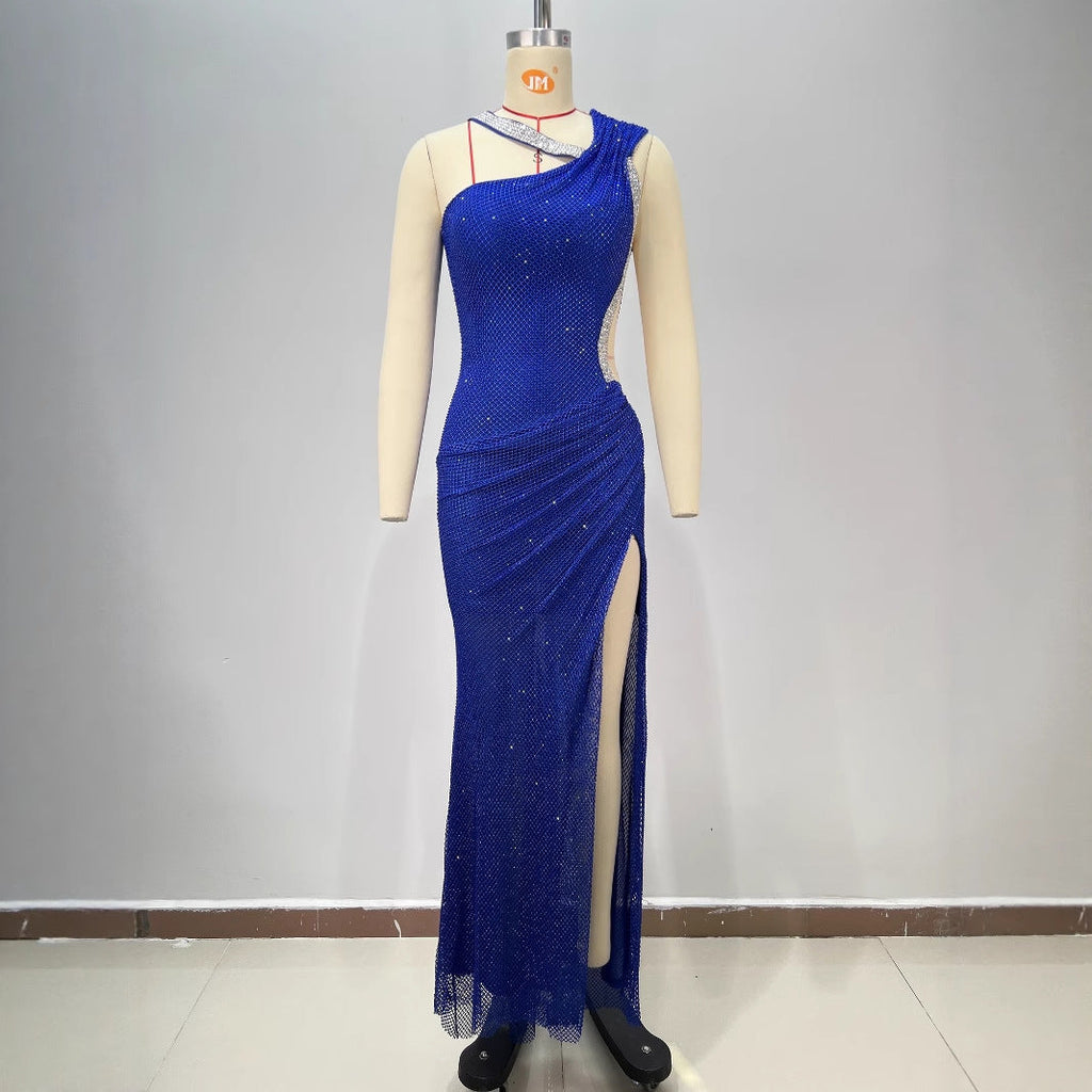Fashion Backless One-Shoulder Rhinestone Decorated Fitted Sleeveless Pleated Slit Long Bodycon Dress for Women eprolo