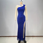Fashion Backless One-Shoulder Rhinestone Decorated Fitted Sleeveless Pleated Slit Long Bodycon Dress for Women eprolo