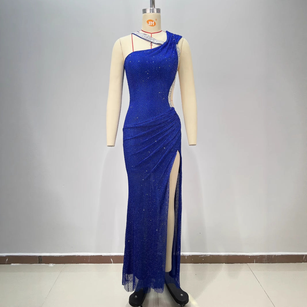 Fashion Backless One-Shoulder Rhinestone Decorated Fitted Sleeveless Pleated Slit Long Bodycon Dress for Women eprolo