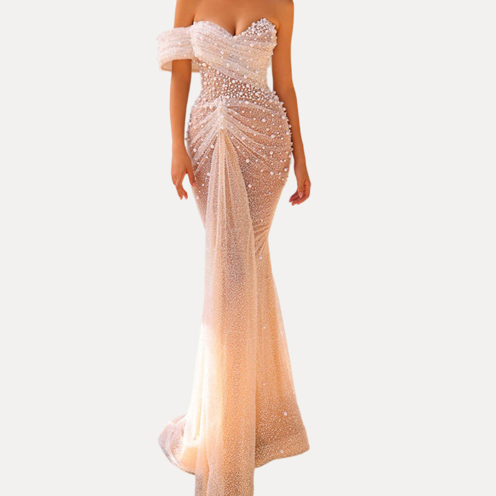 Wedding Dress For Women Elegant Off Shoulder Short Sleeves Pearl Sequins Design Sparkling Maxi Long Gown eprolo