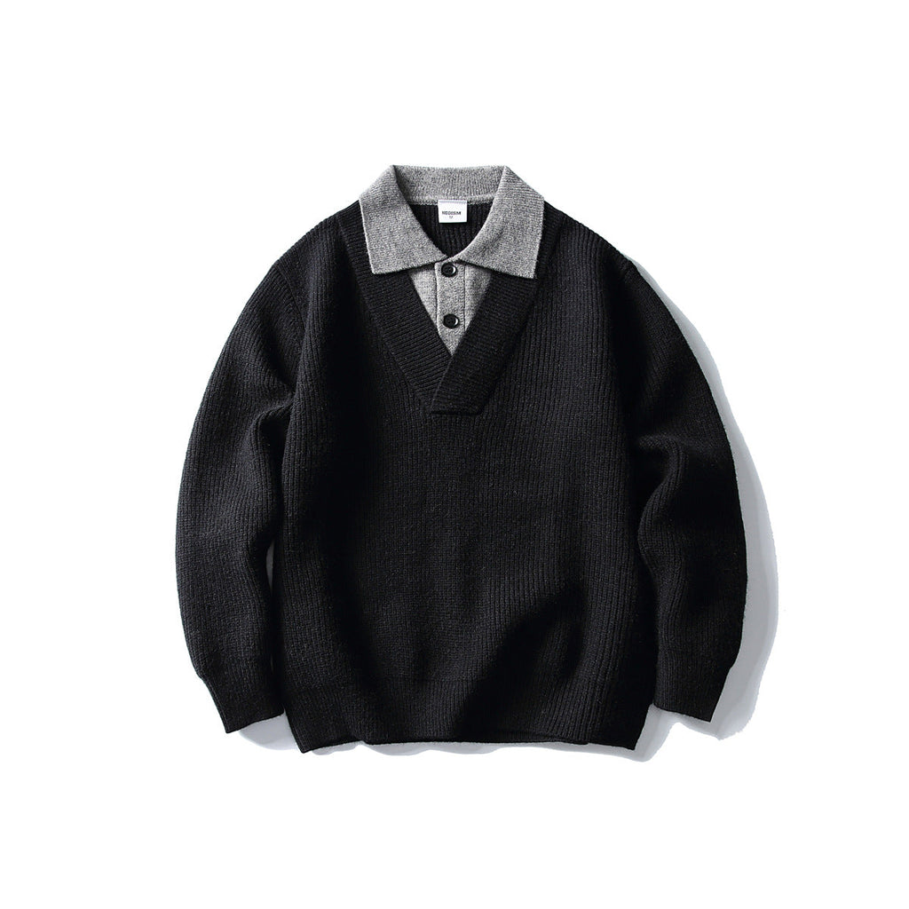 Color Block Long Sleeve V-neck Flip Collar Loose Fit Knit Sweater for Men eprolo