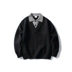 Color Block Long Sleeve V-neck Flip Collar Loose Fit Knit Sweater for Men eprolo