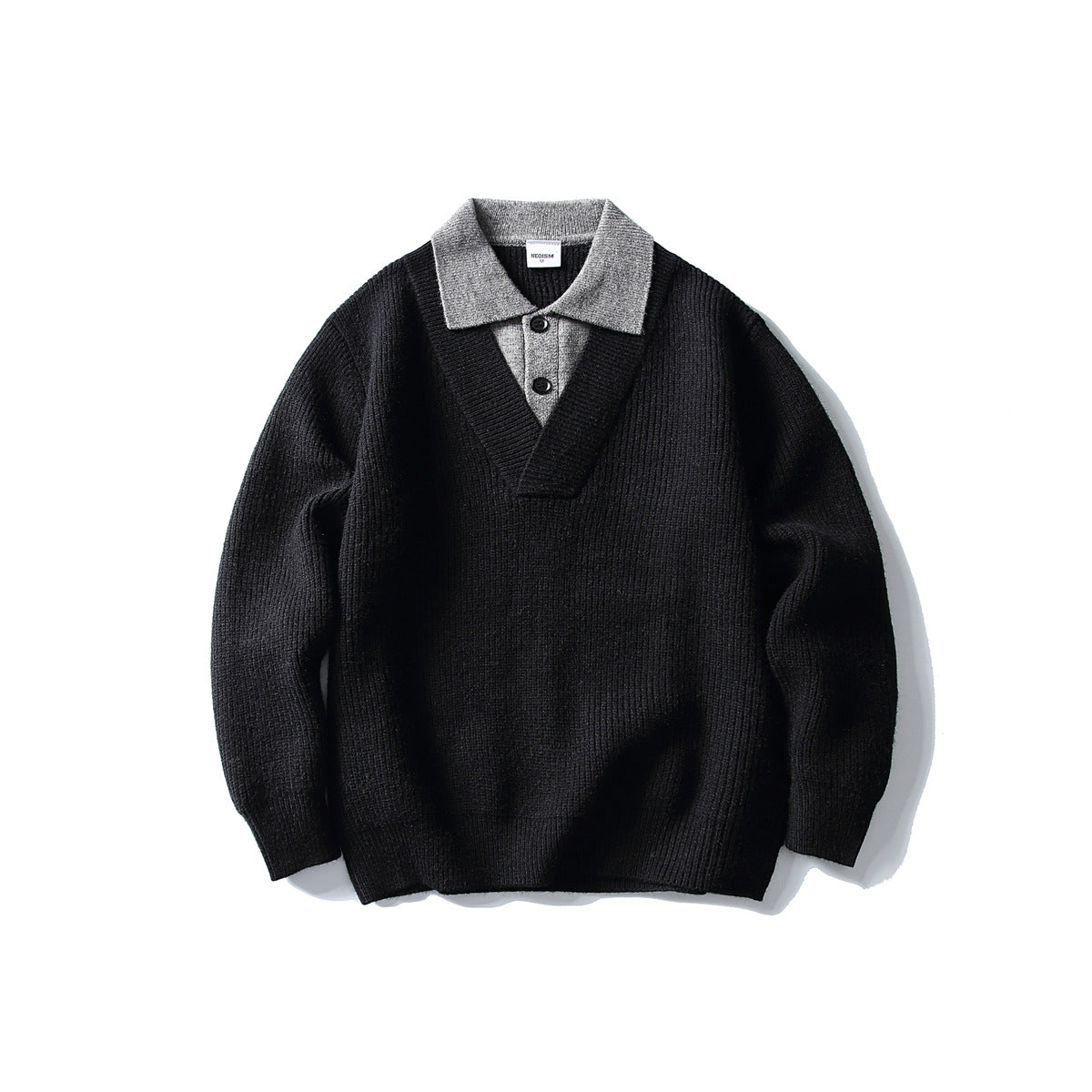 Color Block Long Sleeve V-neck Flip Collar Loose Fit Knit Sweater for Men eprolo
