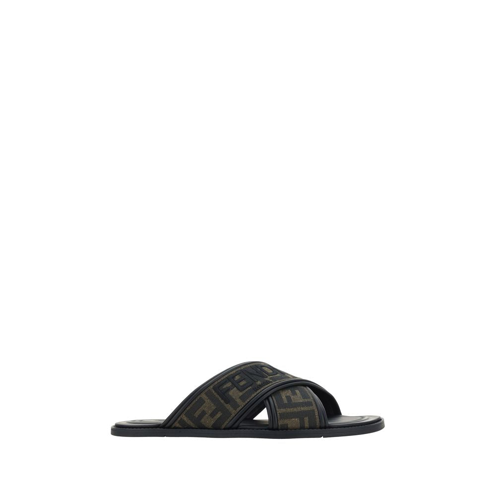 Fendi Black Calf Leather Bos Taurus Flat Sandals Fendi