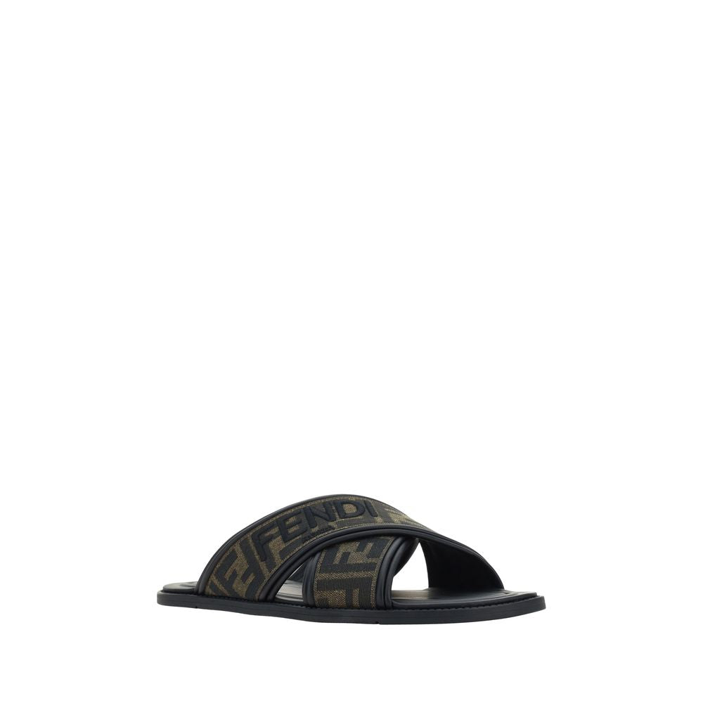 Fendi Black Calf Leather Bos Taurus Flat Sandals Fendi