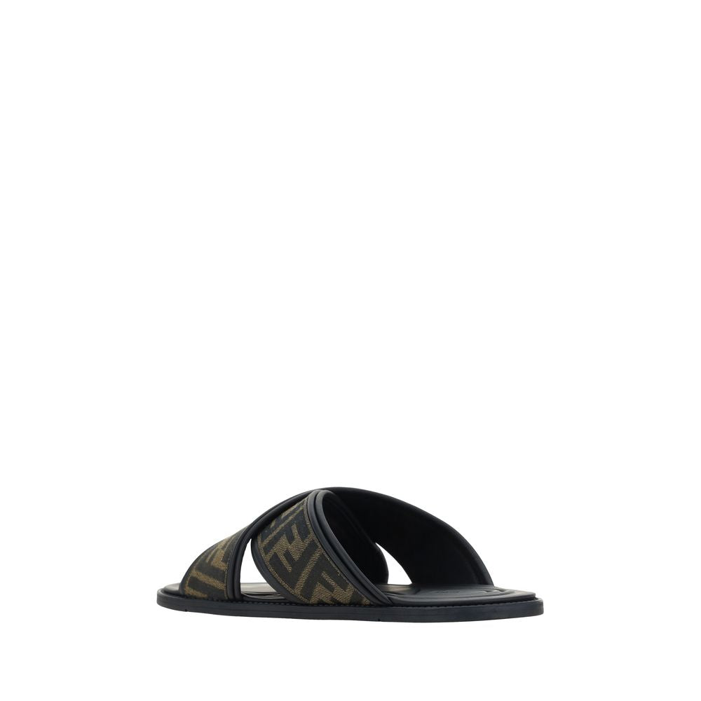 Fendi Black Calf Leather Bos Taurus Flat Sandals Fendi