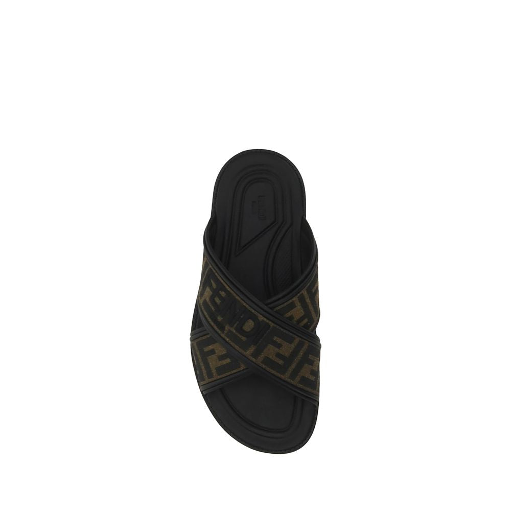 Fendi Black Calf Leather Bos Taurus Flat Sandals Fendi