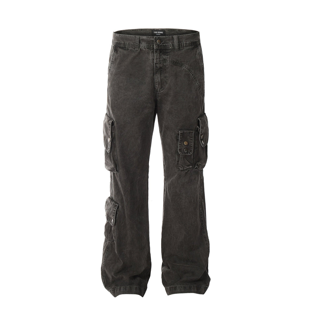 Heavyweight Multi-Pocket Tie-Dye Design Denim Trousers Straight Leg for Men and Women eprolo