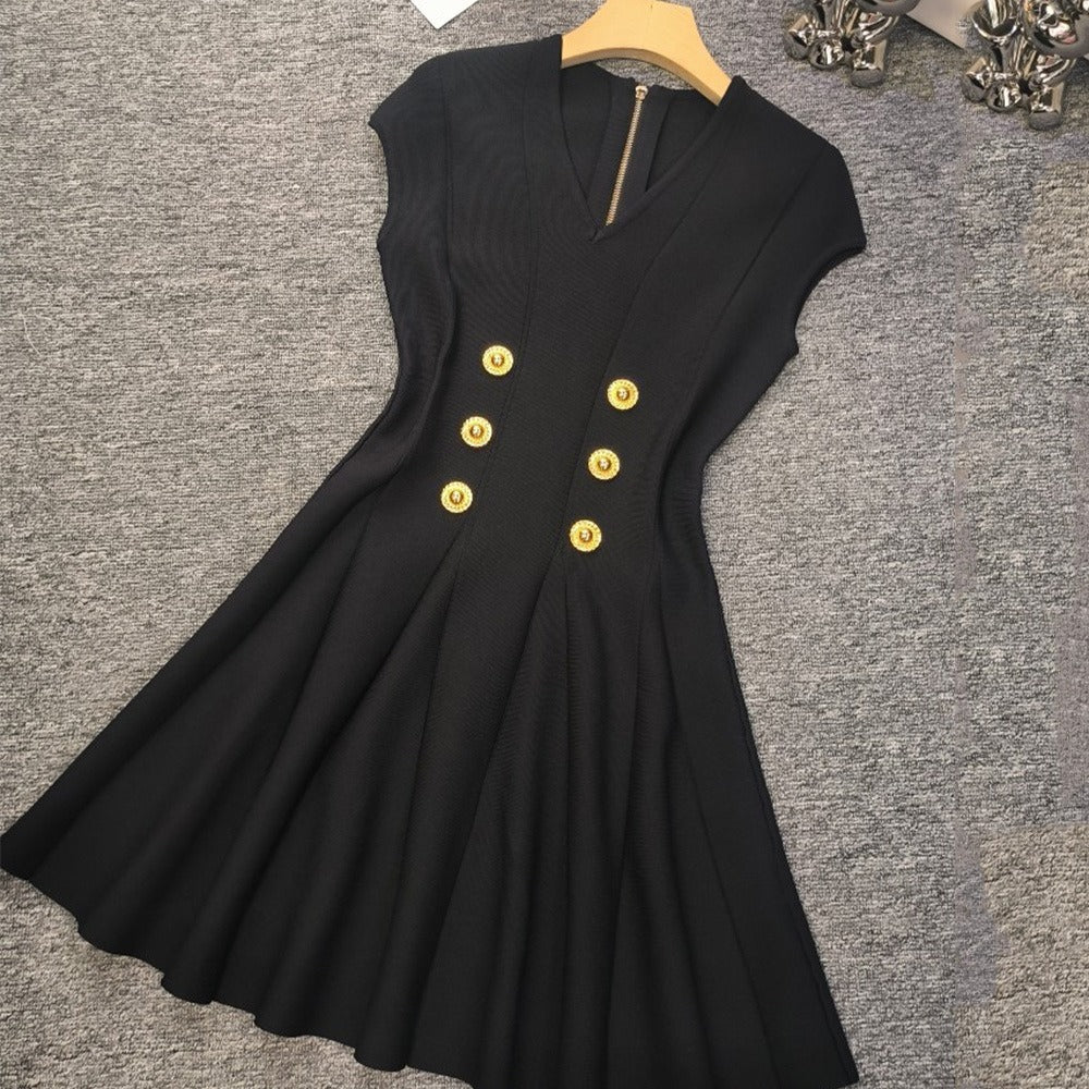 Raglan sleeves V-neck metal buckle high waist zippered knit dress trendy eprolo