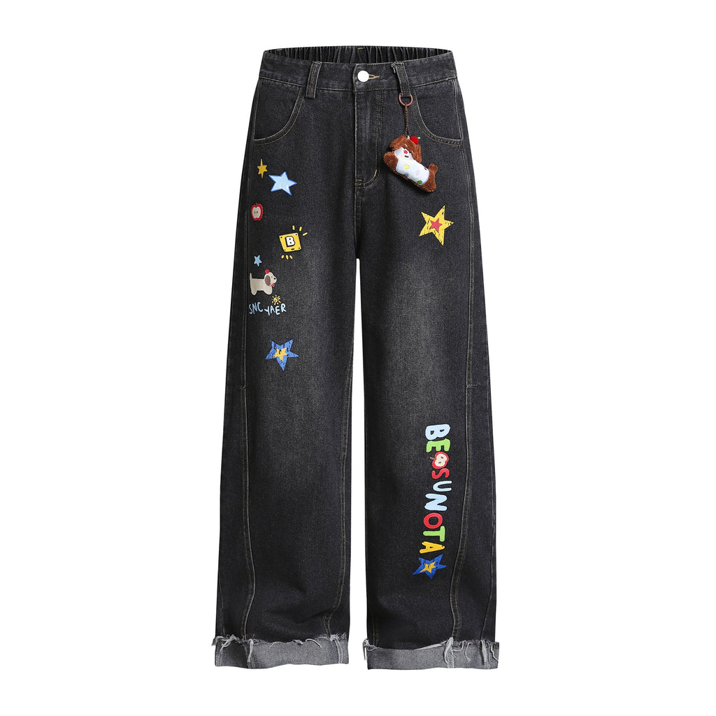 Retro Fun Graffiti Print Straight Jeans with Detachable Dog Pendant Wide Leg Pants for Men and Women eprolo