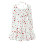 Strawberry print bubble sleeves hanging neck square neck short skirt long sleeved dress eprolo