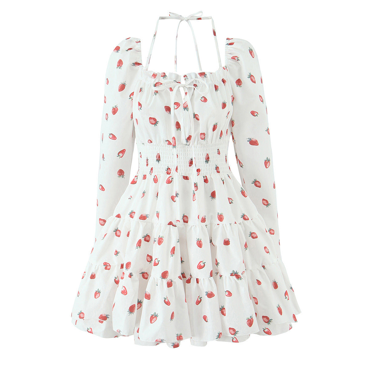 Strawberry print bubble sleeves hanging neck square neck short skirt long sleeved dress eprolo