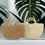 Medium straw woven semi-circular handbag, moon bag, leisure vacation double circular handle woven tote bag eprolo