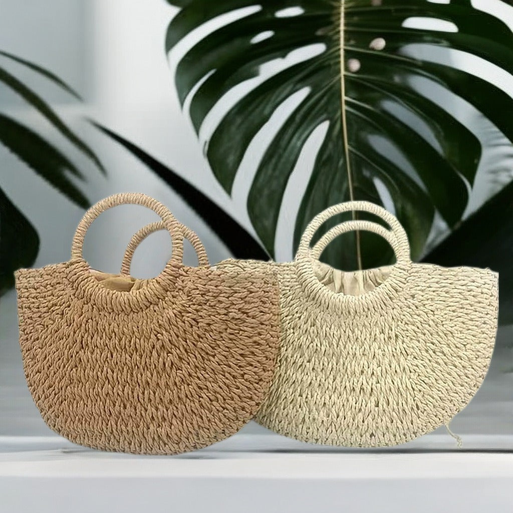 Medium straw woven semi-circular handbag, moon bag, leisure vacation double circular handle woven tote bag eprolo