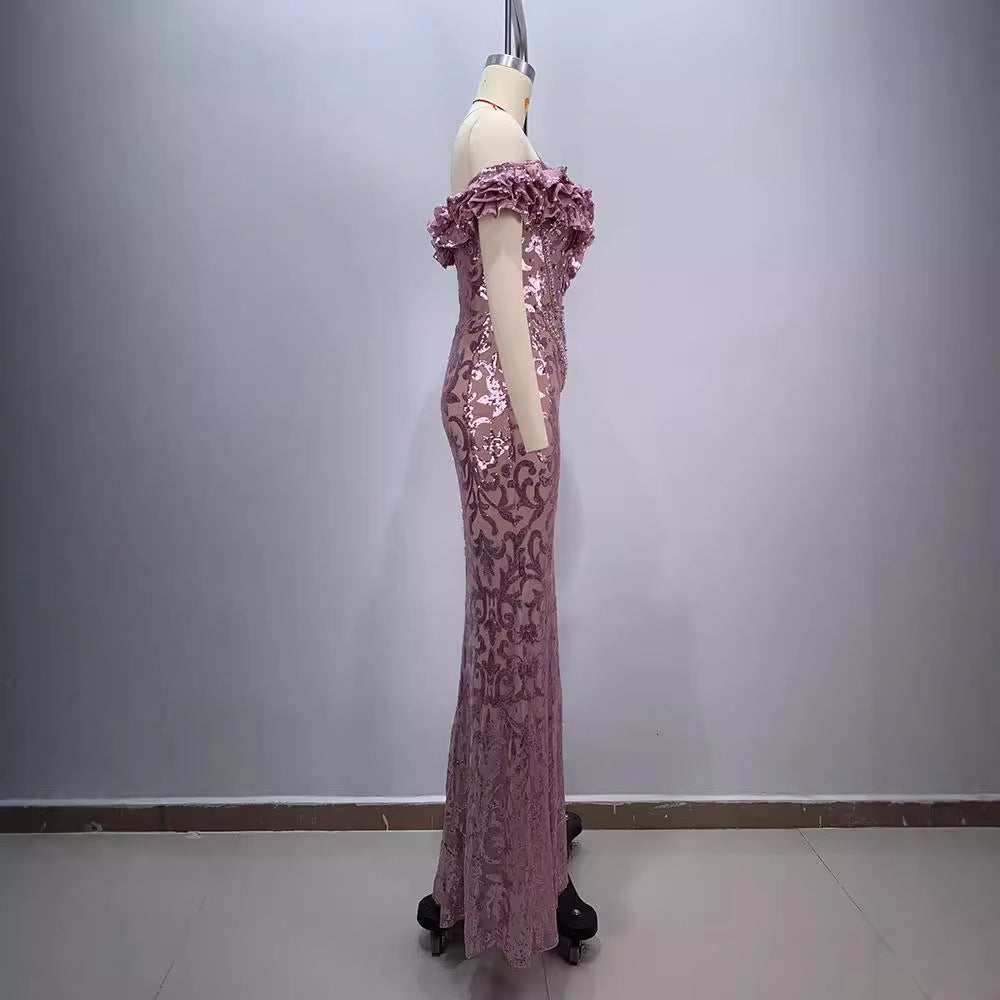 European and American style pink sexy and charming mesh evening dress eprolo