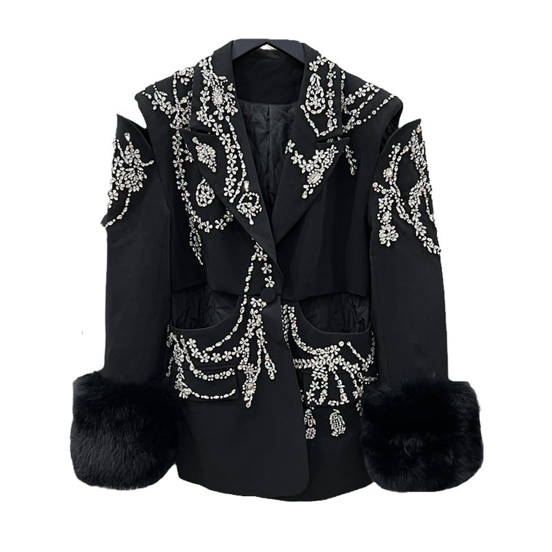 European And American Suit Jacket Women's Fox Fur Fur Diamond Studded By Hand Plus Cotton Coat LittleYogaSocks