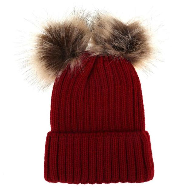 Parent-child Caps Cute Infant Baby Pompon Winter Hat Double Fur Ball Hat Mother Kids Warm Knitted Hat Newborn Beanie Cap eprolo