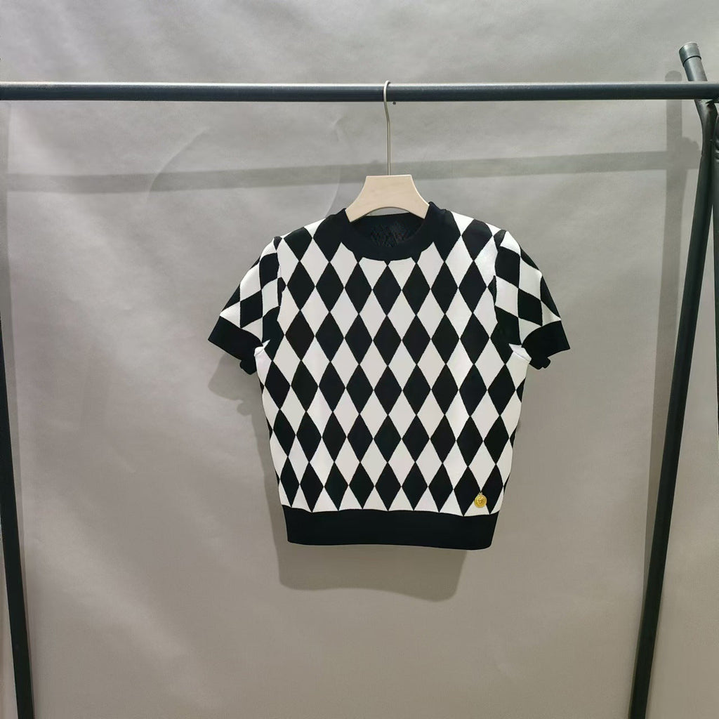 High quality short sleeved niche knitwear women's new diamond grid age reducing shirt top eprolo