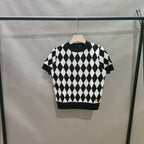 High quality short sleeved niche knitwear women's new diamond grid age reducing shirt top eprolo