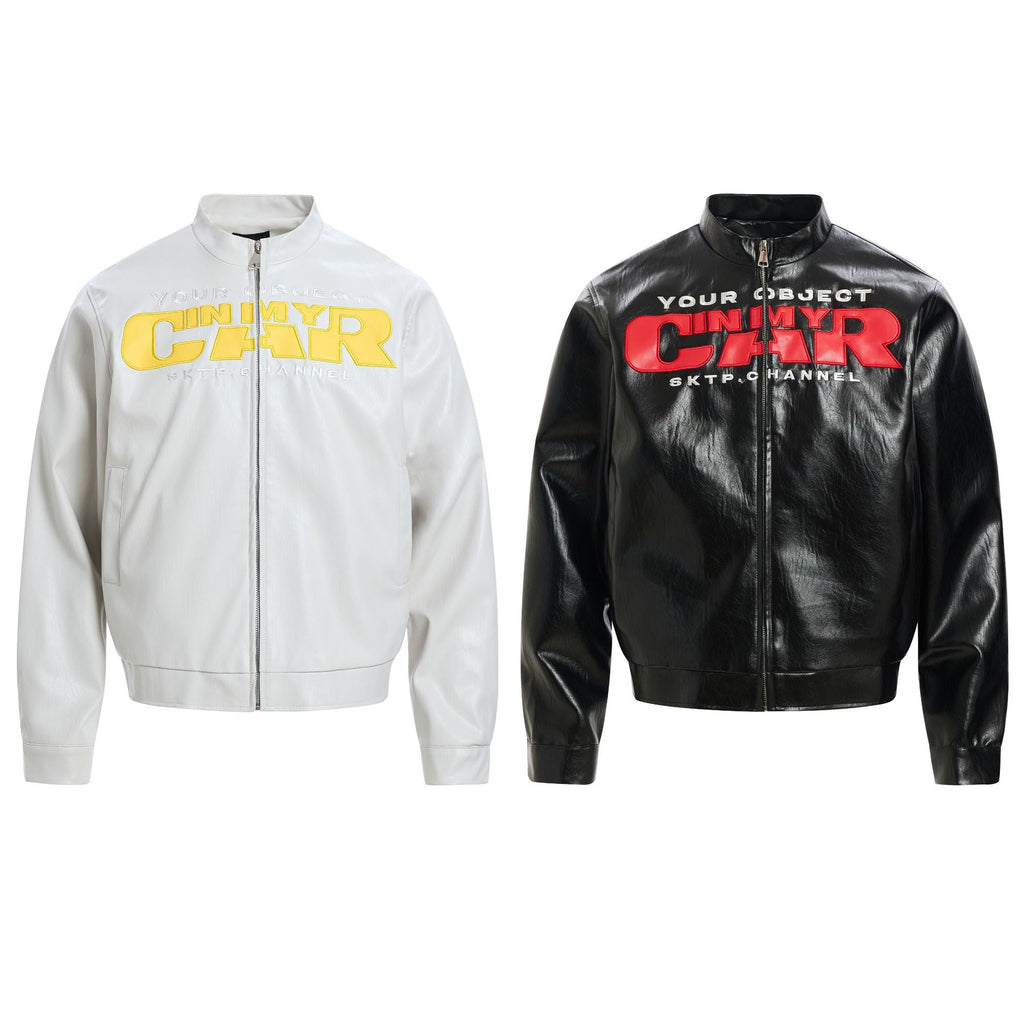 Retro PU Leather Jacket for Men with Deconstructed Patch Letter Design, Loose Fit, Streetwear Style eprolo